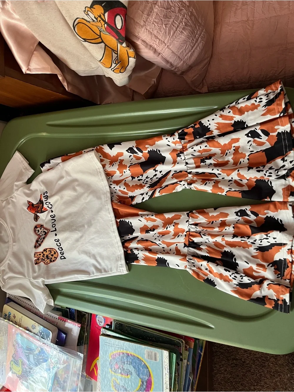 Kids White Tee and Orange Black Cow Print Ruffle Set